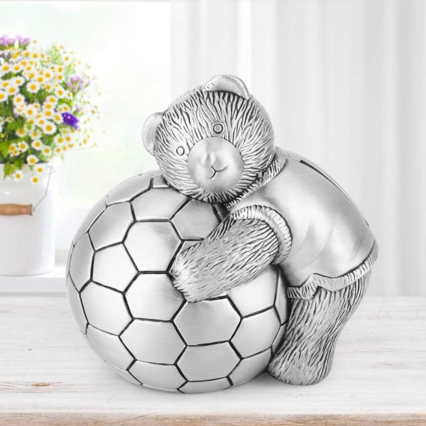 Metallspargris Liten Bjorn med Fotboll Pengar Box Myntsparande Kruka Heminredning Present