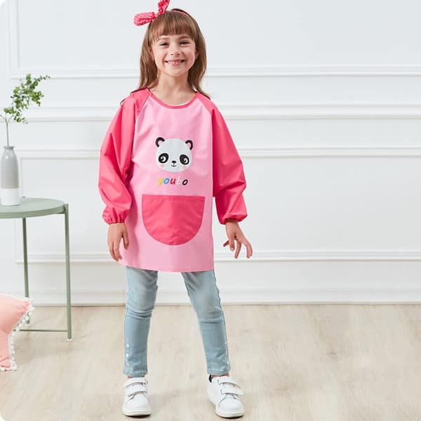 Børneforklæde til maling, 3-6 år, vandtæt kjole (Panda pink) pink