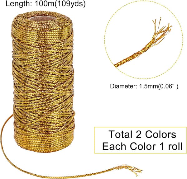 218 Yard 1.5mm Gull og Sølv Metallisk Tråd Snor Glitter Tråd Ikke-elastisk Glitrende Tråd