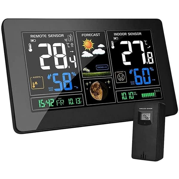 Værstasjon med trådløs sensor DCF Radio Termometer Hygrometer Barometer Digital Innendørs Utendørs Månefase LCD-skjerm Temperatur