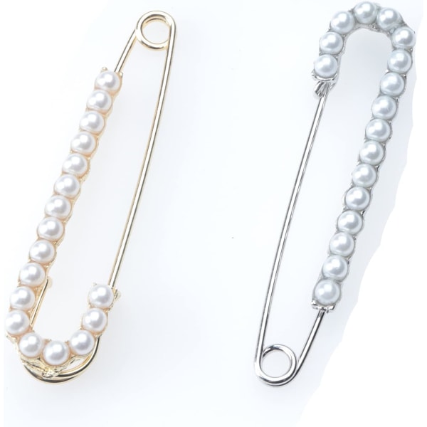 2 st broschnålar för kvinnor med pärla Rhinestone Vintage Large Faux Crystal Metal Elegant (Pearl)