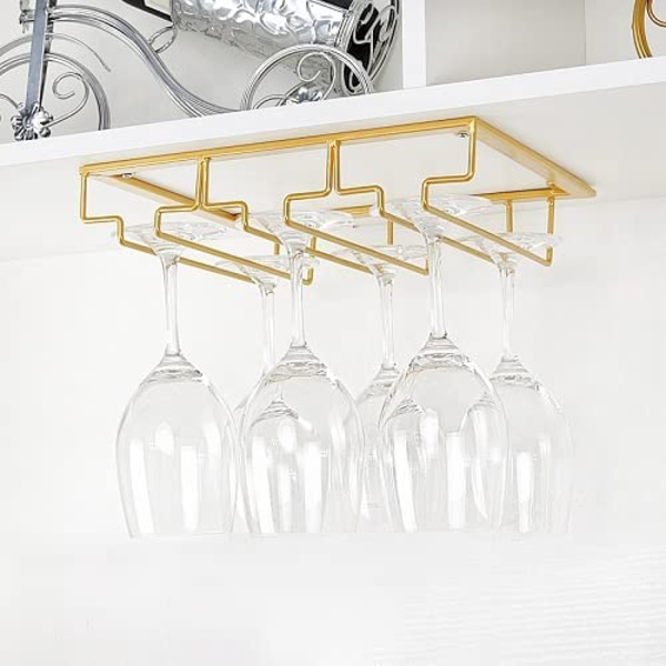 Under skåpet vinglas hållare, stjälkade glas, hängande vinglas rack, metall glas förvaring（Guld） gold