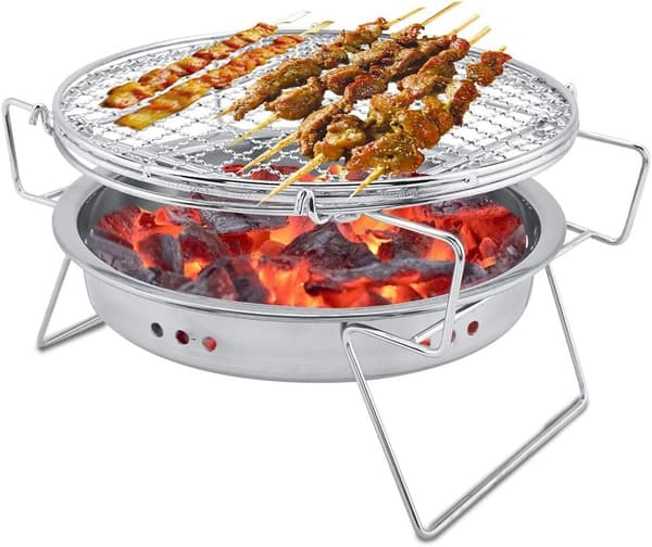 Minigrill, sammenleggbar rund grill i rustfritt stål