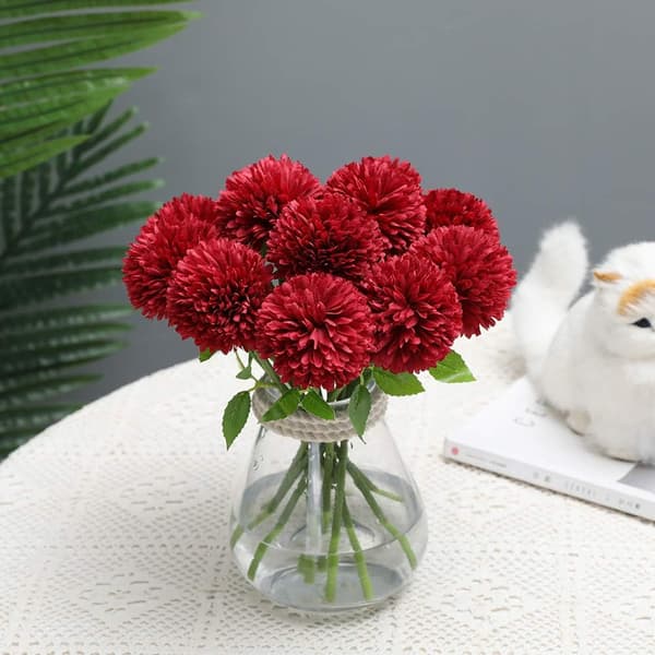 Kunstige blomster, 12 stk. krysantemumkuler brudebukett (rød) red