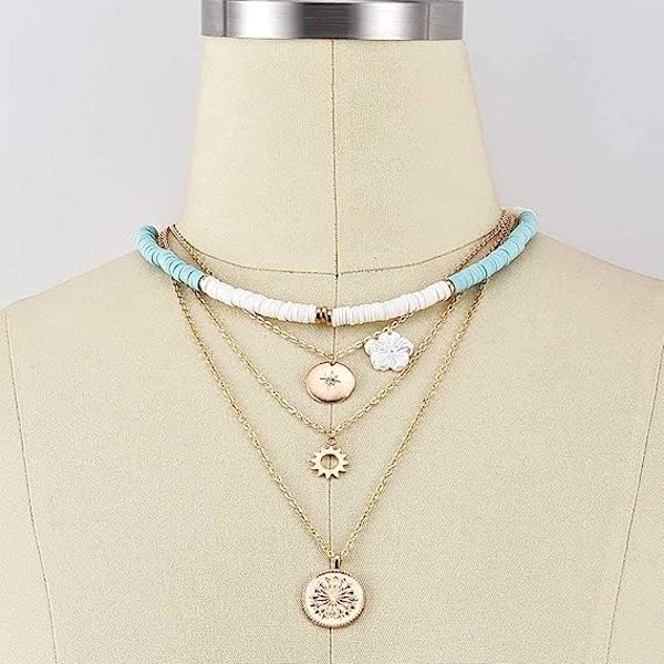 Vit Heishi Surfer Choker Flerskiktat Halsband Sommarblomma Guld Helios Hänge för Bal Fest Dejting Gåvor