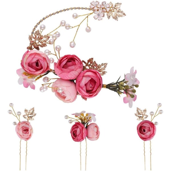 4 stycken rosa nål i form av en blomhårnål, kit för brudhårtillbehör, hårtillbehör för tjejer