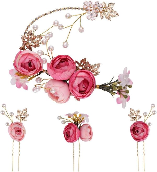 4 stykker lyserød blomsterformet hårnål, brudehårtilbehørssæt, pigehårtilbehør