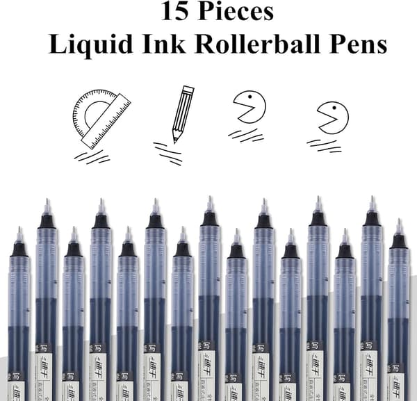 15 stk. sorte rollerball-penne, 0,5 mm fine kuglepenne med flydende blæk
