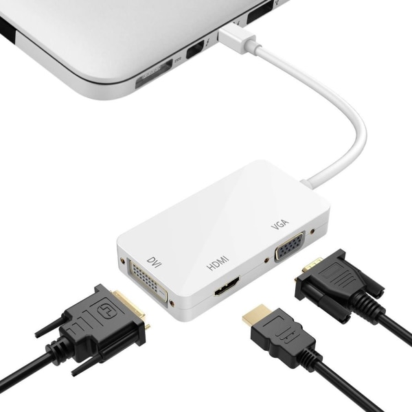 3 i 1 Thunderbolt-port Mini Displayport till HDMI DVI VGA-adapter Vit White