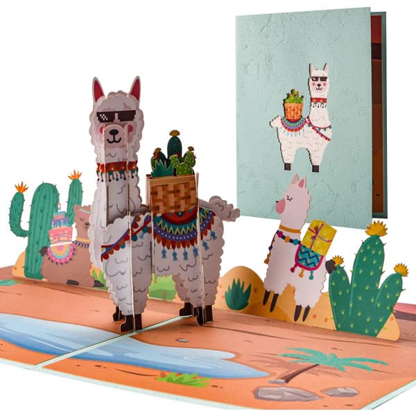 Alpaka og kaktus, 3D pop-up julekort med kuvert