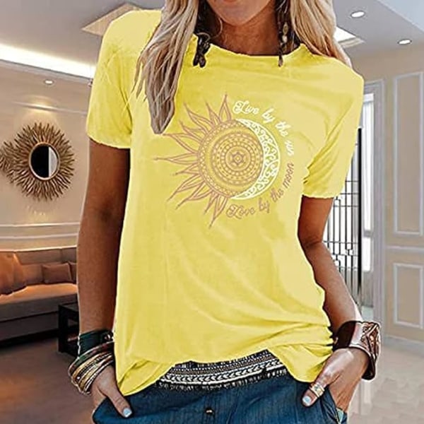 Sommar T-shirt för kvinnor Sol och måne Solros Tryck Mönster T-shirt Crew Neck Basic Casual Top（XL gul) Yellow
