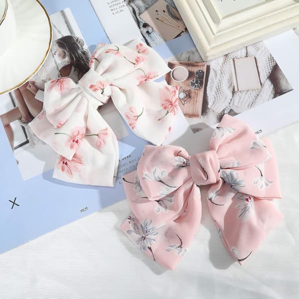 Chiffon Sløyfe Hårspenne Elastisk Hårspenne for Kvinner Fest Hodeplagg (Hvit + Rosa) 2 stk White+Pink