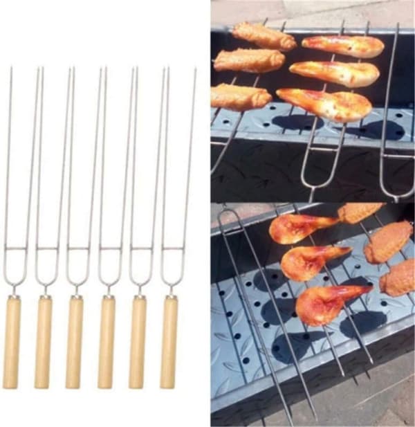 Grillspyd med doble pigger og trehåndtak, 6 stk.