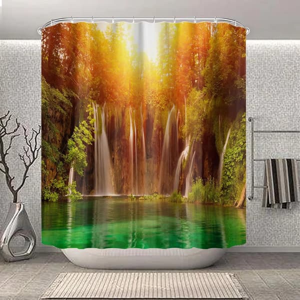 Vattenfall Naturlandskap Vattentät Duschdraperi Polyestertyg (180x180cm)