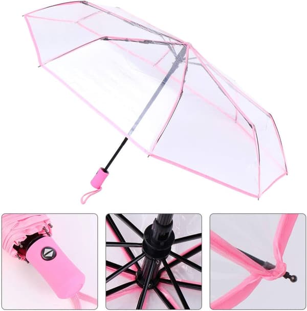 Helautomatisk transparent hopfällbart paraply i tre delar (rosa) 1 st Pink
