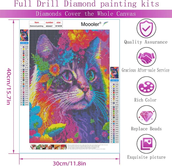 Diamantkunstsett for voksne, DIY 5D Full Drill Katt og Blomst Rund Diamantmaling, Diamantmaling