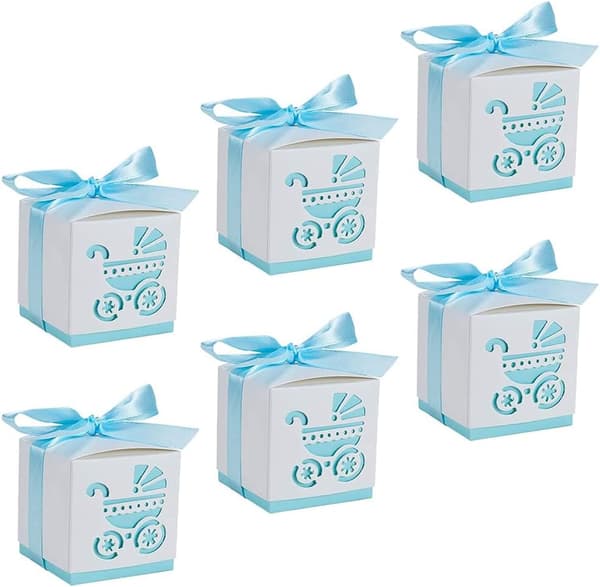 Paket med 50 presentaskar, presentask för nyfödd bebisdop, festpresentaskar, presentask med band (blå) Blue