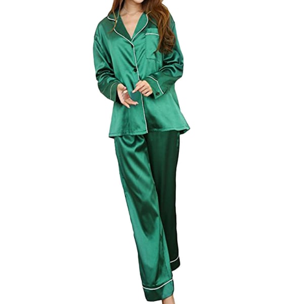 (XXL) Set långärmad nattklädespyjamas för kvinnor i mjuk sidensatäng green xxl