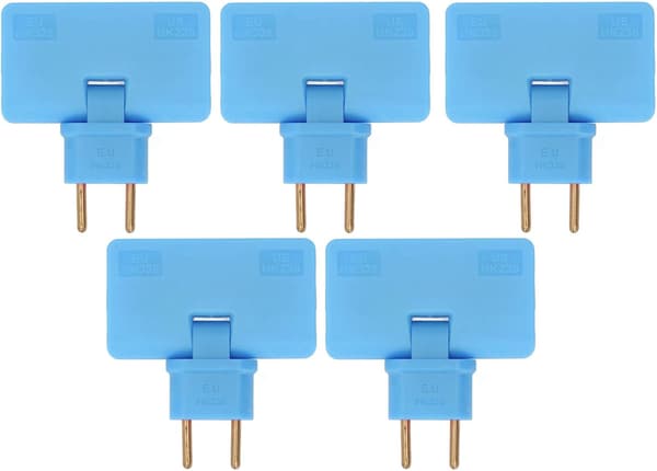 5 stk. batteristikomformere, 180° rotation, 1 til 3 EU-stikadapter, 110-250V, blå