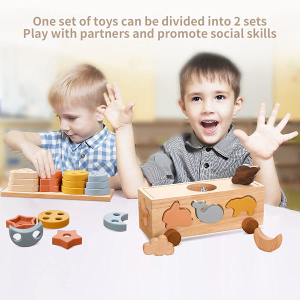Träforma sorteringsbil leksaker för småbarn 1-3 år gamla, silikon staplingsblock Montessori leksaker