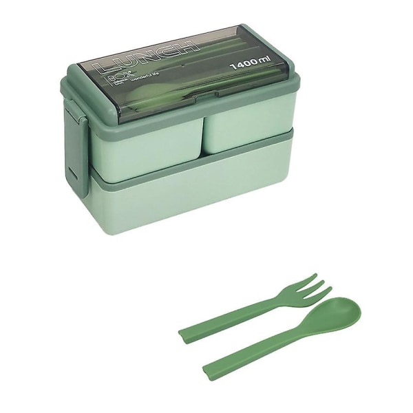 Lunchbox 1400 ml, Snackbox i dubbla lager med 3 fack och skedgaffel（grön） green