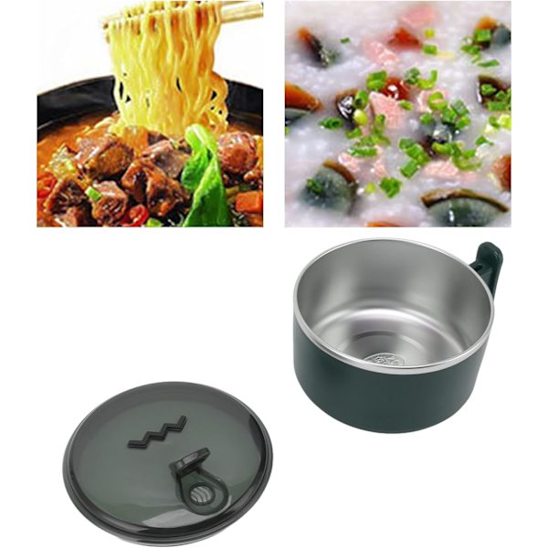 Isolerad skål, Ramen skål, 304 Rostfritt stål Dubbel Instant Pastaskål med lock (Grön) Green