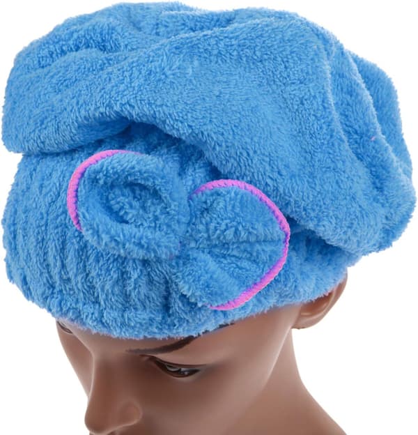 2-delt skjerfdeksel, korallfleece mikrofiber tørkehette med sløyfe (blå+rosa)