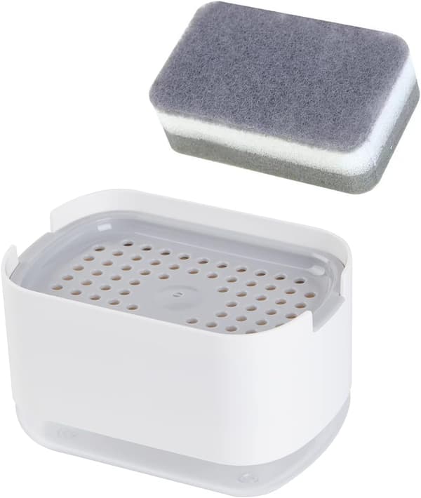 10oz Oppvaskmiddeldispenser for kjøkkenvask med svampholder, nedtrykkbar pumpe, caddybrettbeholdersett White