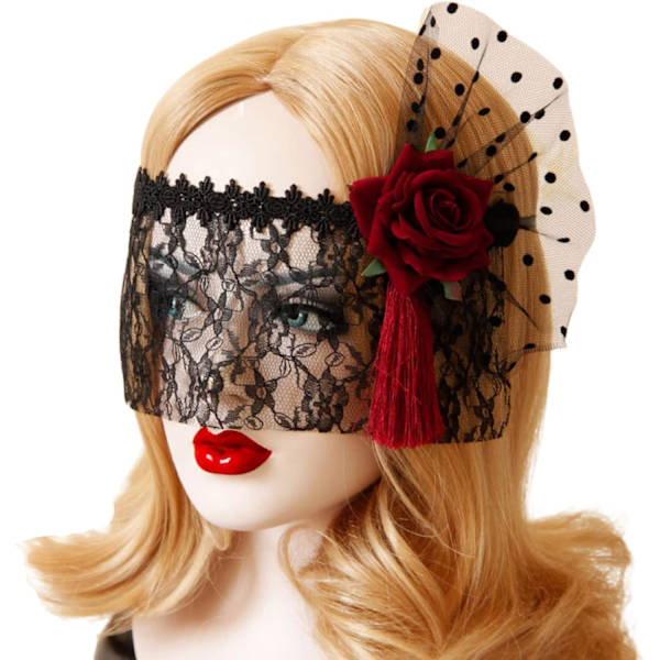 Röd spetsmask med slöja för cosplay, bal, halloween och dansfest