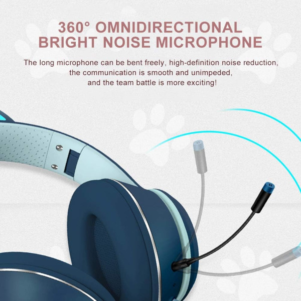 Trådbundna stereohörlurar med kattöron, med LED-kattljus, med mikrofon för, mörkblå Dark Blue