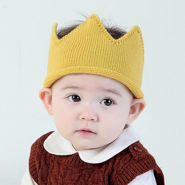 Baby Crown Stickad Mössa Tyg Crown Hårband Huvudbonad för Födelsedagsfest (gul)