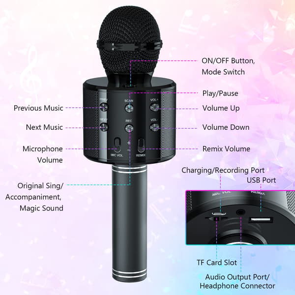 5-in-1 lasten Bluetooth-mikrofoni kaiuttimella, kannettava mikrofonilelu (musta) black