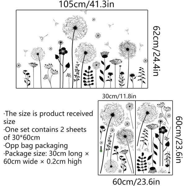 Maskros flygande blommor väggdekaler, stora svarta blommor väggdekaler väggdekor för sovrum