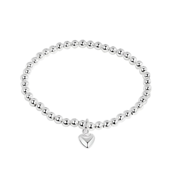 Silverfärgade runda pärlor med hjärta Charm Sträckbart armband, S925