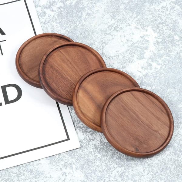 Coaster sæt, 4 kopunderlag i sort valnød, runde kopunderlag, skridsikre (8,8 cm)