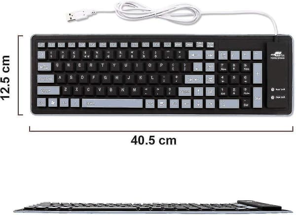 Fleksibelt tastatur, vandtæt foldbart bærbart blødt silikone tastatur USB kablet roll-up (sort+grå)