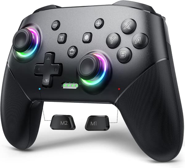Trådløs kontroller for Switch/Switch Lite/OLED/PC, Gamepad med én-knapps sammenkobling, 9-farget RGB LED og 800 mAh batteri