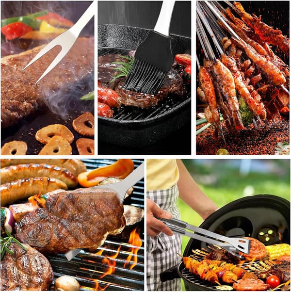 Rustfrit stål med grillgaffel, stegespade, børste, spyd, bæretaske, 9 dele