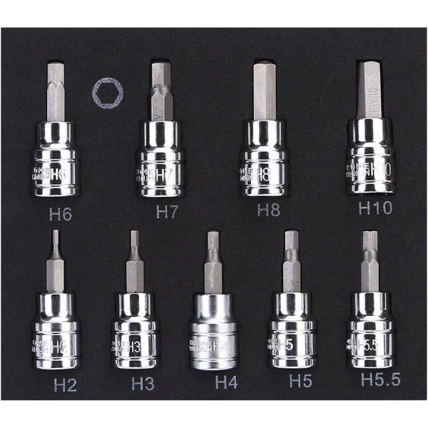 9 st 3/8\" Drive Hex Allen Socket Key Bits Set Kit H2 H3 H4 H5 H5.5 H6 H7 H8 H10 S2 Stål
