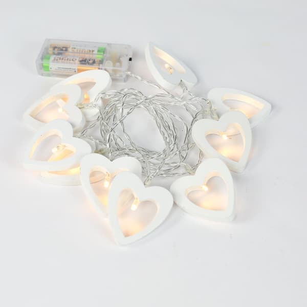 Trehjerte lyslenke - Batteridrevet - 10 varmhvite LED-lys