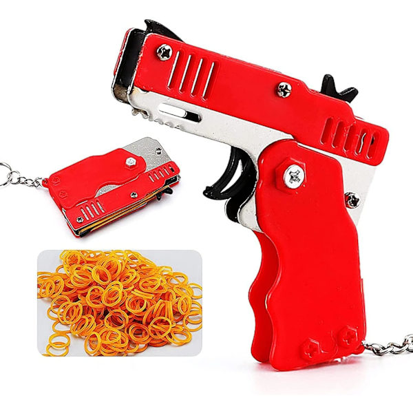 Mini gummibandspistol, hopfällbar, 6 skott med nyckelring och 60+ gummiband, gummibandspistol（röd) red