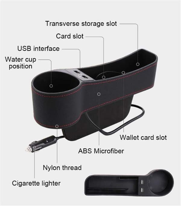 Universal bilsæde sidegabfylder med drikkeholder, 2 USB-opladningsstik