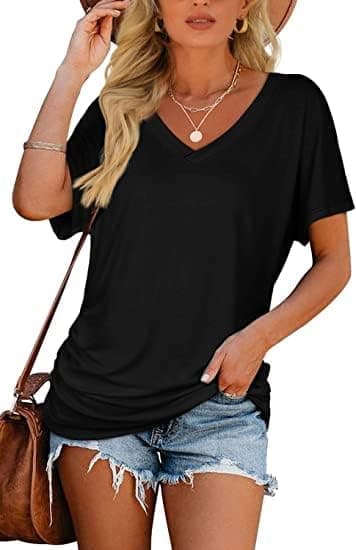 Kortermede topper for kvinner, sommertopper, V-hals basic skjorte (svart L) Black