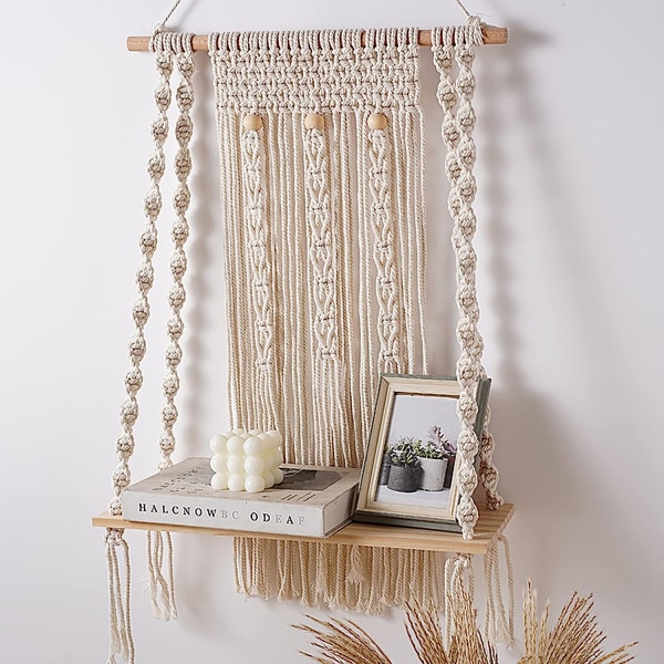 Bohemisk Macrame Vägg Hängande Gobeläng Handvävd med Trähylla