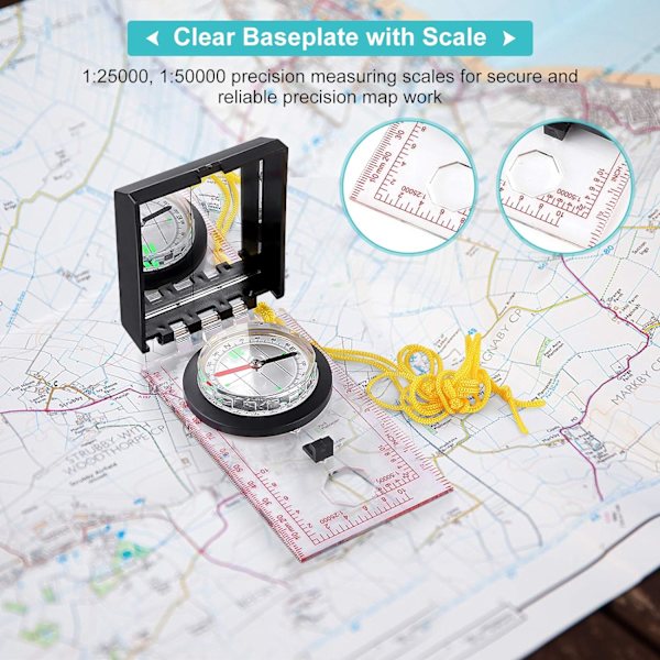 NineClouds navigationskompass för kartläsning, professionell kompass för orientering, multifunktionell kompass med spegel och deklination