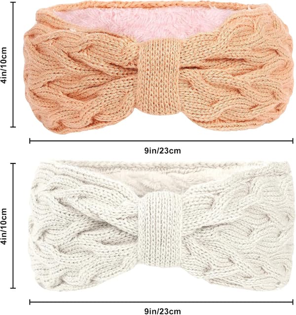 2 stk. Vinter Elastisk Pandebånd til Kvinder, Strikket Ørepandebånd til Kvinder, med Plysfor (Hvid+Pink)