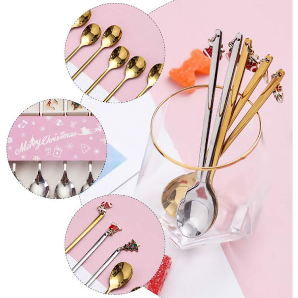 6PCS Jul rostfritt stål efterrätt kaffesked set presentask (silver) silver