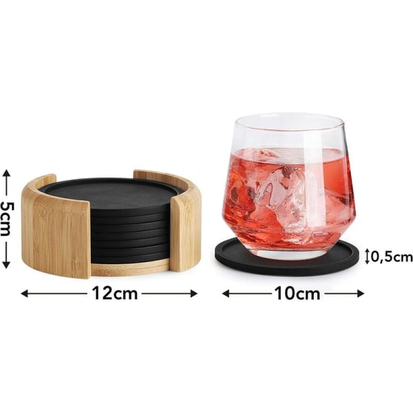 Runda silikonunderlägg för glasögon - set om 8 inkl. box - Svart glasunderlägg för drinkar, koppar, bar, glas - Bordsunderlägg i silikon