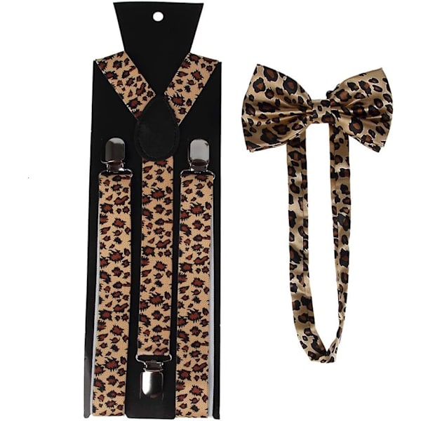 Unisex hängslen fluga set bred leopardmönster justerbar 3 clip-on Y-rygg bälte, gul color 1