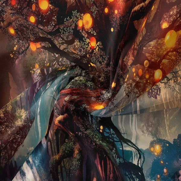 Livets träd gobeläng, vattenfall med alver under det gamla förtrollade trädet, Forest Fireflies Psychedelic Tapestry